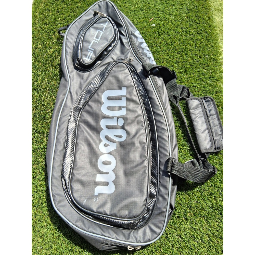 Wilson Tour Tennis Racket Bag Black Silver Backpack Straps Multiple Pockets